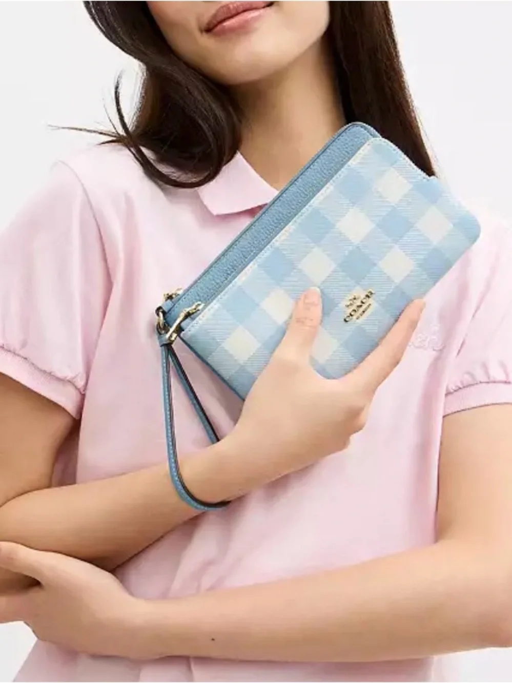 NWT🍬Coach Double Zip Wristlet With Gingham Print Large wallet Blue CEY50